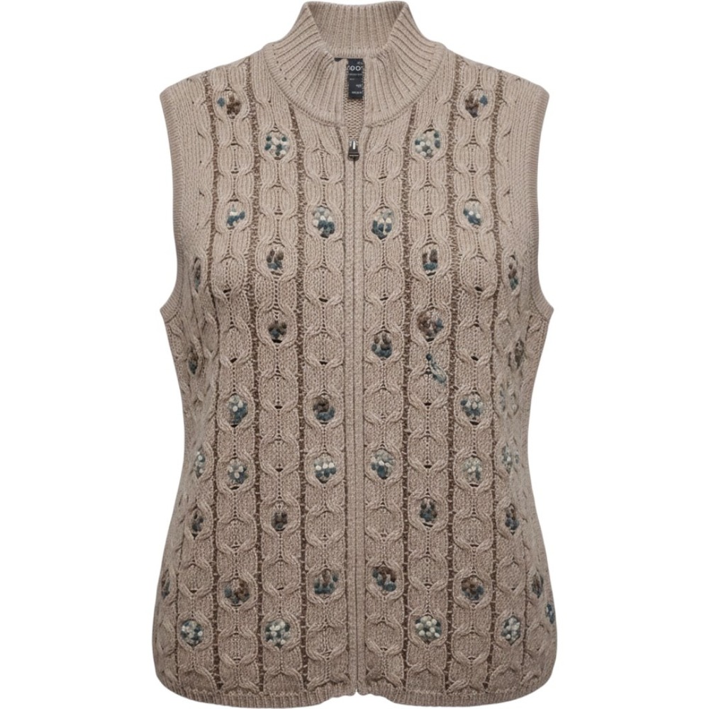 Woolrich Womens Birch Beige Cable Knit Full Zip Floral Embroidered Vest Large